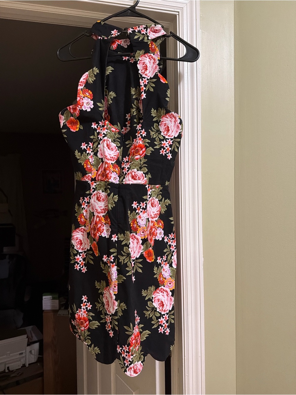 Maeve Black Halter Mini Dress with Pink & Coral Floral Print